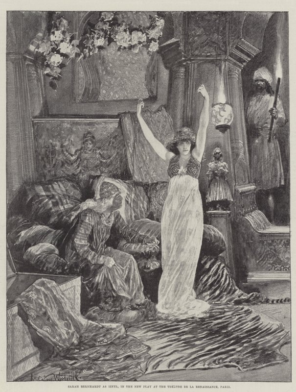 Sarah Bernhardt como Izeyl, no New Play no Theatre de la Renaissance, Paris de Richard Caton Woodville junior