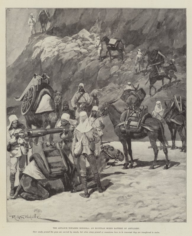 O avanço em direção a Dongola, uma bateria mista de artilharia egípcia de Richard Caton Woodville junior