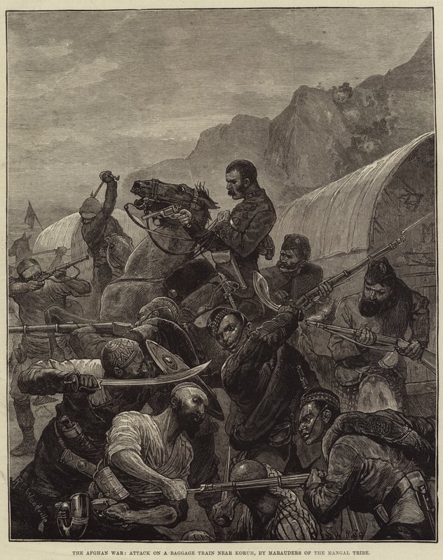 A Guerra do Afeganistão, Ataque a um Trem de Bagagem perto de Koruh, por Marauders da Tribo Mangal de Richard Caton Woodville junior