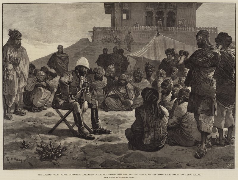 A Guerra do Afeganistão, Major Cavagnari, organizando com os Shinwarries para a Proteção da Estrada de Dakka para Lundi Khana de Richard Caton Woodville junior