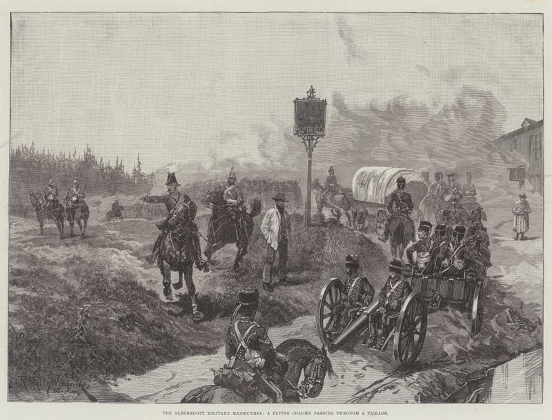 As manobras militares de Aldershott, uma coluna voadora passando por uma aldeia de Richard Caton Woodville junior