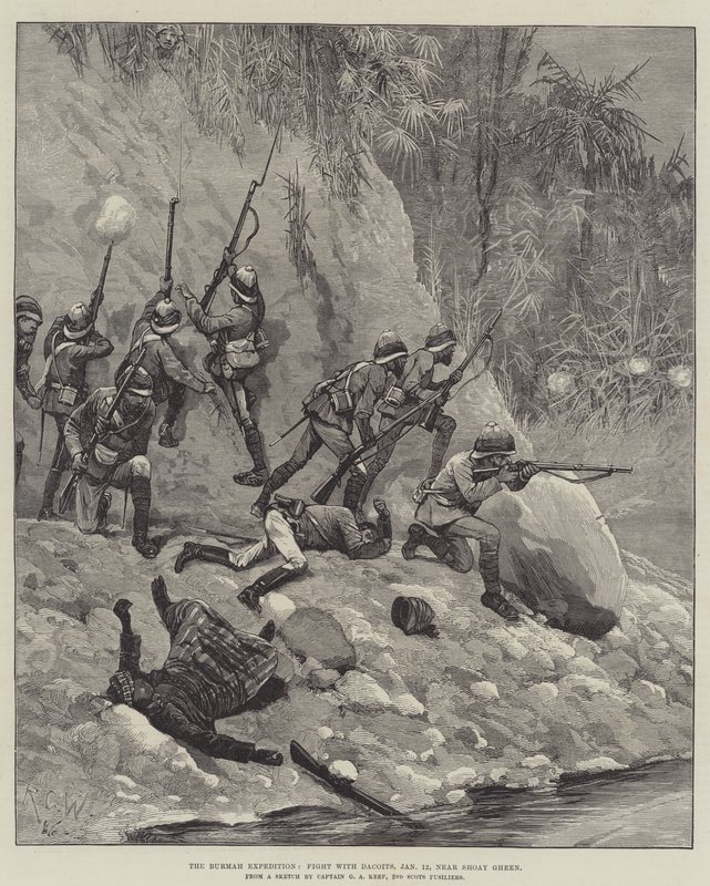 A expedição de Burmah, luta com Dacoits, 12 de janeiro, perto de Shoay Gheen de Richard Caton Woodville junior