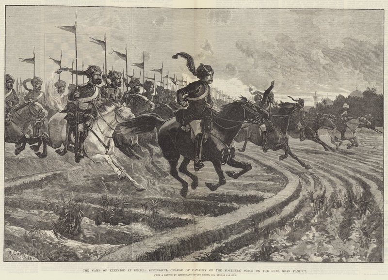 O Acampamento de Exercício em Delhi, Carga Bem-sucedida da Cavalaria da Força do Norte nas Armas perto de Paniput de Richard Caton Woodville junior