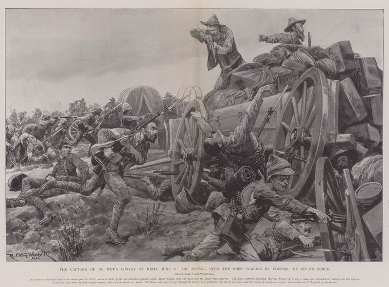 A captura do comboio de De Wet em Reitz, 6 de junho, o ataque aos vagões Boer pela força do Coronel De Lisle de Richard Caton Woodville junior