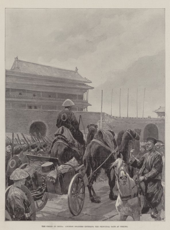 A crise na China, soldados chineses que entram no portão principal em Pequim de Richard Caton Woodville junior