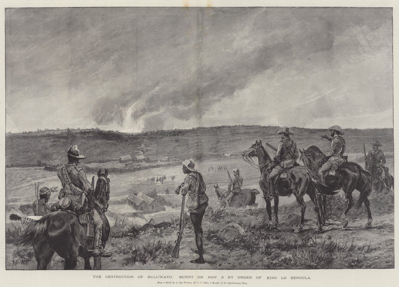 A destruição de Buluwayo, queimada em 3 de novembro por ordem do rei Lo Bengula de Richard Caton Woodville junior
