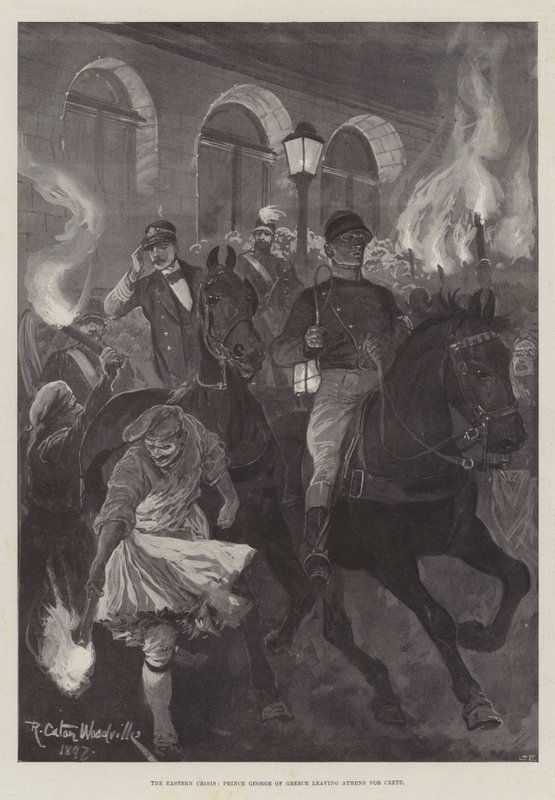 A crise oriental, o príncipe George da Grécia, deixando Atenas para Creta de Richard Caton Woodville junior
