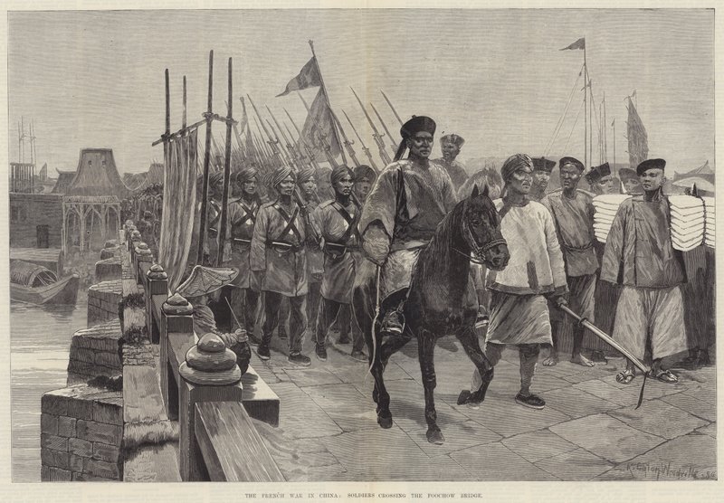 A guerra francesa na China, soldados cruzando a ponte de Foochow de Richard Caton Woodville junior