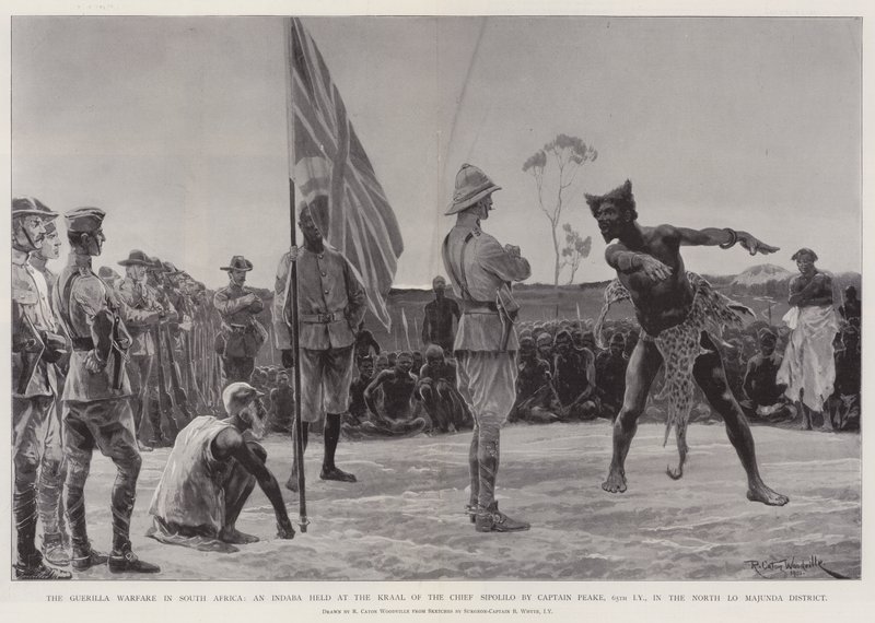 A guerra de guerrilha na África do Sul, uma Indaba realizada no Kraal do chefe Sipolilo pelo capitão Peake, 65 Yeomanry imperial, no distrito de North Lo Majunda de Richard Caton Woodville junior
