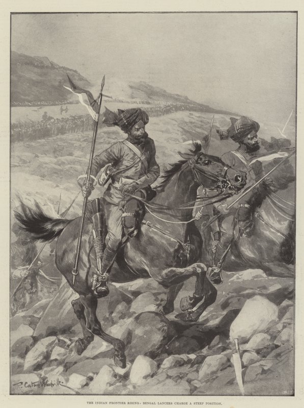 A ascensão da fronteira indiana, Lancers de Bengala cobram uma posição íngreme de Richard Caton Woodville junior