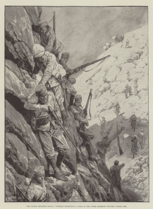 A Fronteira Indiana Nascente, Gurkhas descendo um Passo no Alto Mohmand País sob Fogo de Richard Caton Woodville junior