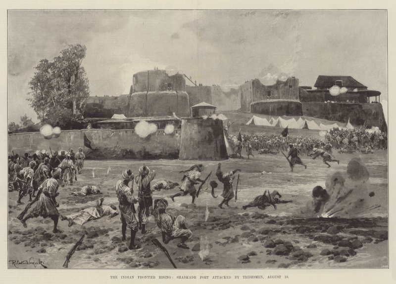 A ascensão da fronteira indiana, Forte Shabkadr atacado por tribos, 10 de agosto de Richard Caton Woodville junior