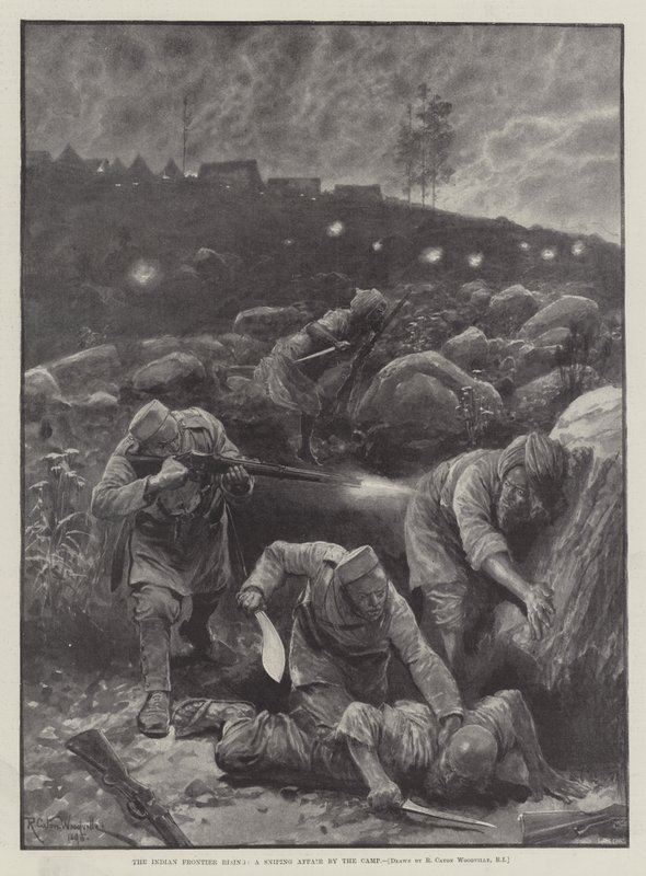 A ascensão da fronteira indiana, um caso de sniping pelo acampamento de Richard Caton Woodville junior