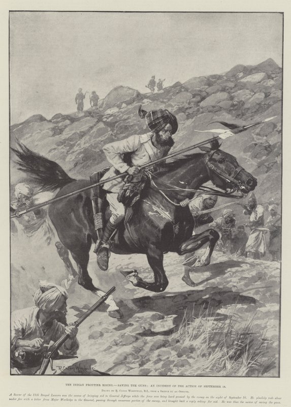 The Indian Frontier Rising, salvando as armas, um incidente da ação de 16 de setembro de Richard Caton Woodville junior
