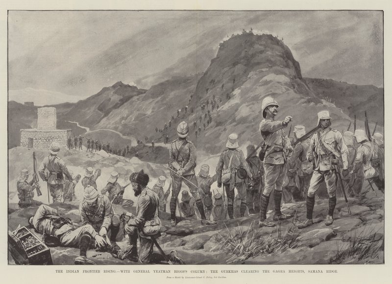 A Ascensão da Fronteira Indiana, com a Coluna do General Yeatman Biggs, os Gurkhas limpando as Montanhas Gagra, Cume de Samana de Richard Caton Woodville junior