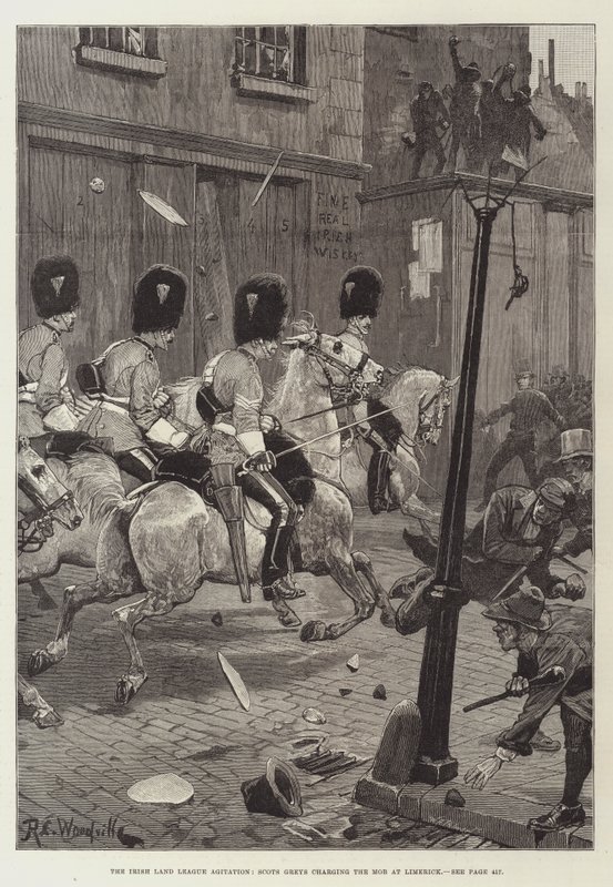 Agitação da Liga Irlandesa Irlandesa, Scots Greys cobrando a multidão em Limerick de Richard Caton Woodville junior