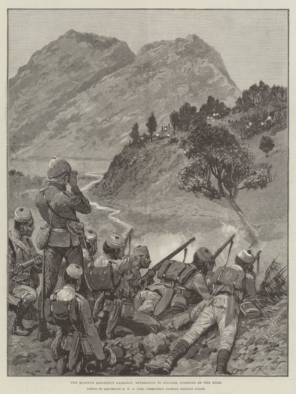 Guarnição da Residência de Manipur, recuando para Silchar, lutando na estrada de Richard Caton Woodville junior