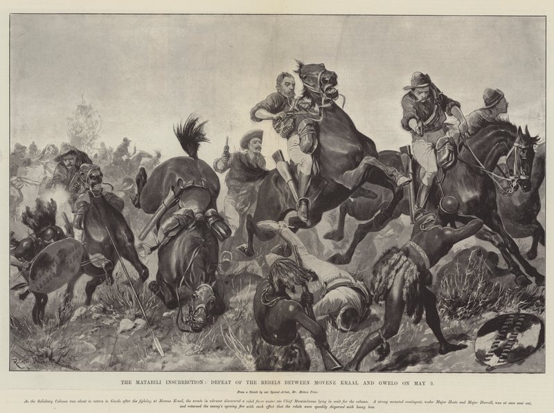A Insurreição Matabili, Derrota dos Rebeldes entre Movene Kraal e Gwelo em 9 de maio de Richard Caton Woodville junior