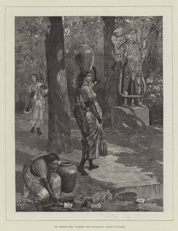 O orvalho da manhã, regando o jardim do marajá em Mysore de Richard Caton Woodville junior
