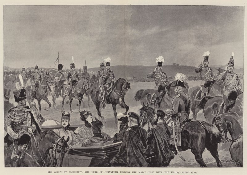 A rainha em Aldershot, o duque de Connaught liderando o passado de março com o cajado da sede de Richard Caton Woodville junior