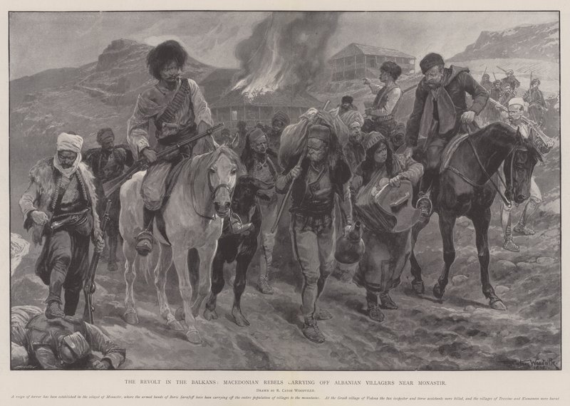 A revolta nos Bálcãs, rebeldes macedônios que levam aldeões albaneses perto de Monastir de Richard Caton Woodville junior