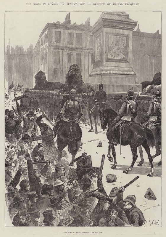 Os tumultos em Londres no domingo, 13 de novembro, defesa da Trafalgar Square de Richard Caton Woodville junior