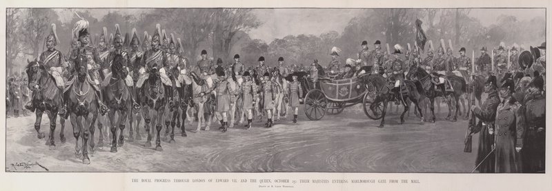 O progresso real através de Londres de Edward VII e a rainha, 25 de outubro, suas majestades entrando no portão de Marlborough do shopping de Richard Caton Woodville junior