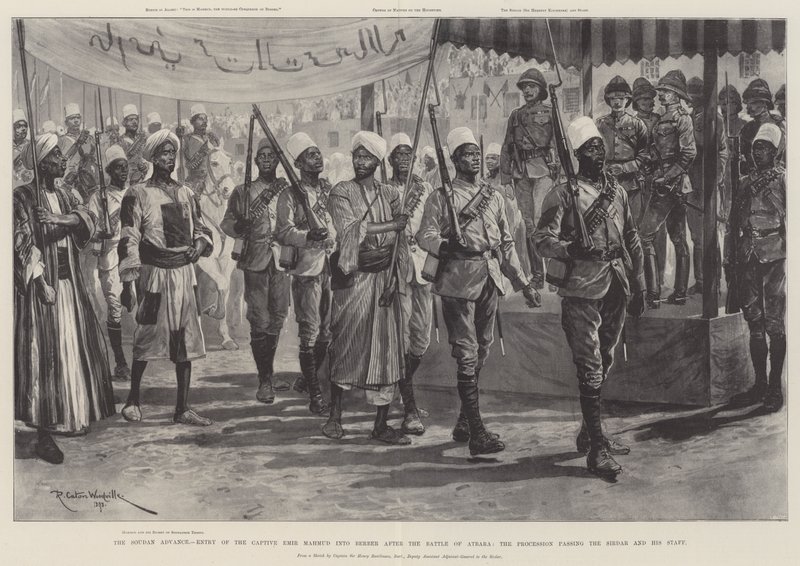 O avanço do Sudão, a entrada do emigrante Emir Mahmud em Berber após a batalha de Atbara, a procissão passando pelo Sirdar e seu cajado de Richard Caton Woodville junior