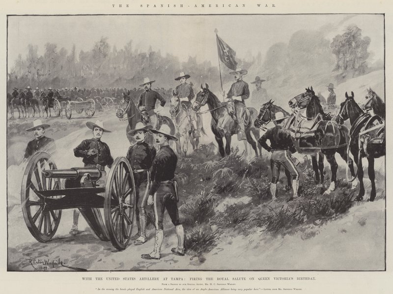 A Guerra Hispano-Americana, com a Artilharia dos Estados Unidos em Tampa, disparando a Royal Salute no aniversário da Rainha Victoria de Richard Caton Woodville junior