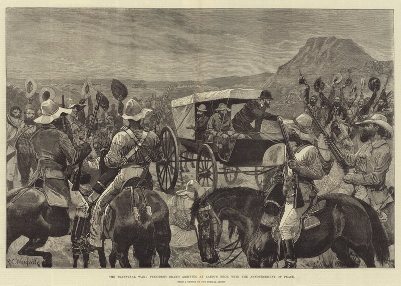 A Guerra do Transvaal, Presidente Brand chegando ao pescoço de Laing com o anúncio da paz de Richard Caton Woodville junior