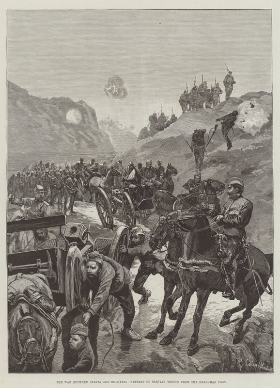 A guerra entre Servia e a Bulgária, retirada das tropas servis da passagem de Dragoman de Richard Caton Woodville junior