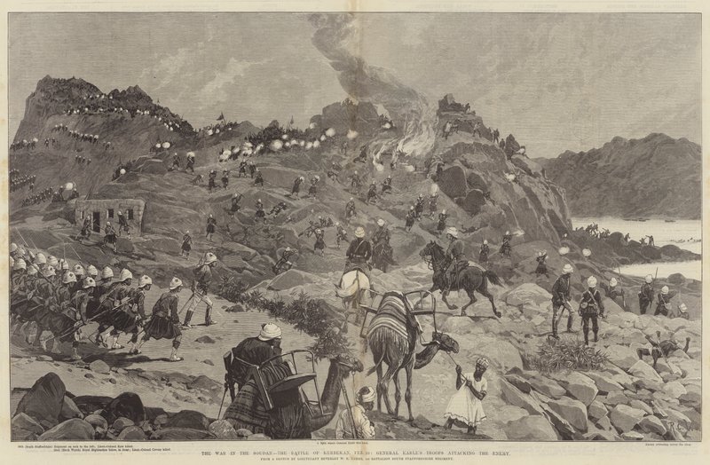 A guerra no Sudão, a batalha de Kerbekan, 10 de fevereiro, as tropas do general Earle atacando o inimigo de Richard Caton Woodville junior