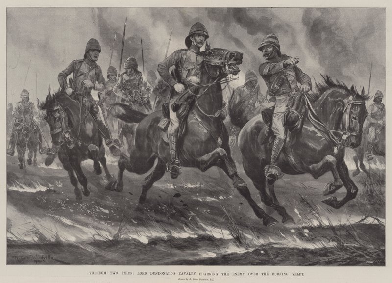 Através de Dois Incêndios, Cavalaria de Lord Dundonald atacando o Inimigo sobre o Velde Ardente de Richard Caton Woodville junior