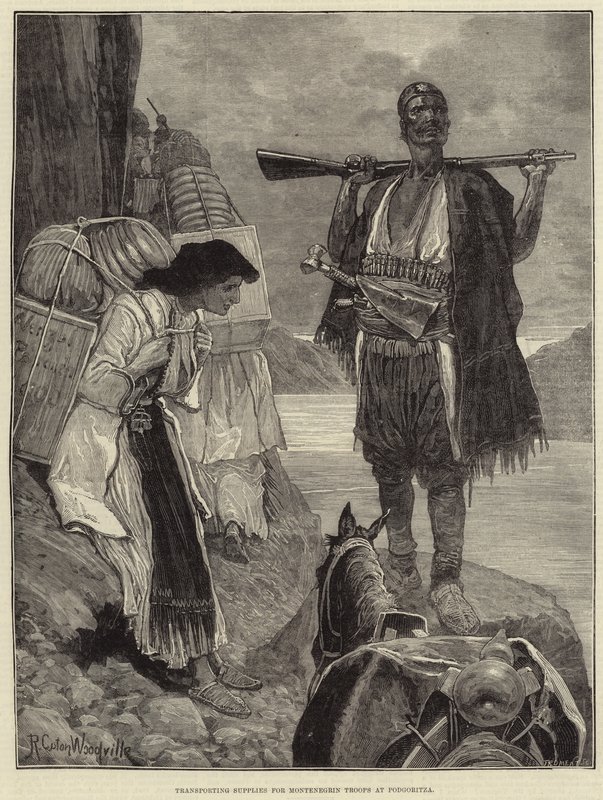 Transporte de suprimentos para as tropas montenegrinas em Podgoritza de Richard Caton Woodville junior