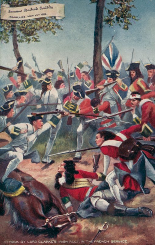 Ataque pelo Lord Clarkes Regimento Irlandês no serviço francês, Batalha de Ramillies, Guerra da Sucessão Espanhola, 1706 de Richard Caton II Woodville