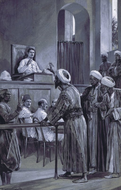 Sir William Lloyd Matthews distribuindo justiça em Zanzibar 1882 de after Richard Caton II Woodville