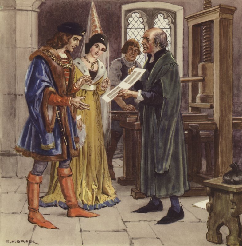 William Caxton mostrando uma página impressa para Edward IV e sua rainha de Richard Henry Brock