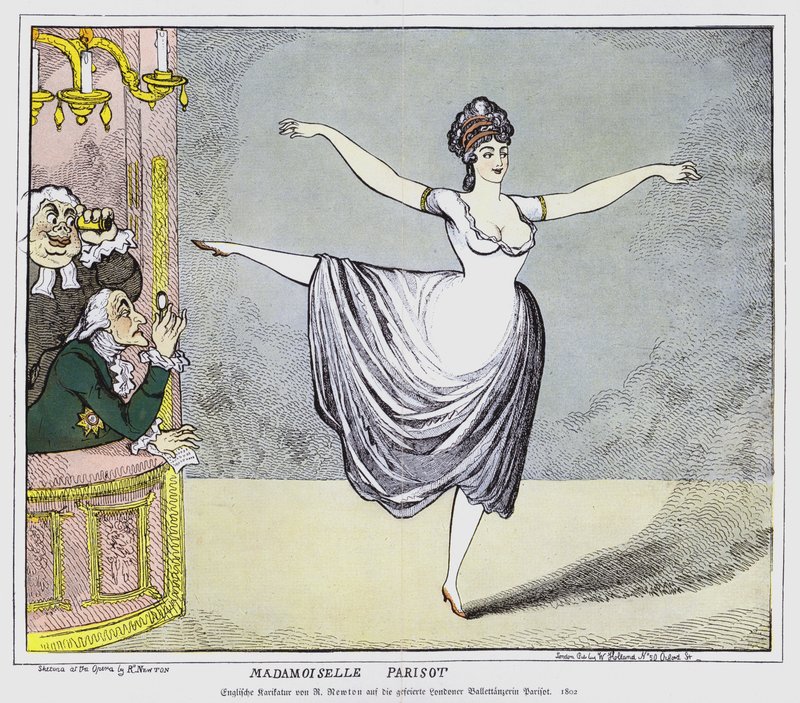 Desenhos animados em inglês representando membros masculinos da platéia cativados por uma performance da controversa bailarina francesa Mademoiselle Parisot, 1802 de Richard Newton