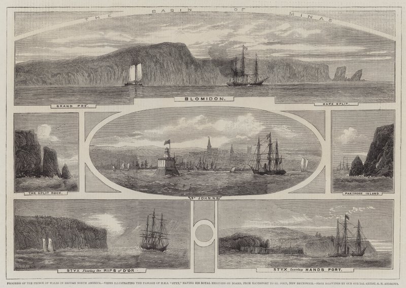Progresso do Príncipe de Gales na América do Norte Britânica, vistas ilustrando a Passagem do HMS Styx, tendo Sua Alteza Real a bordo, de Handsport a São João, New Brunswick de Richard Principal Leitch