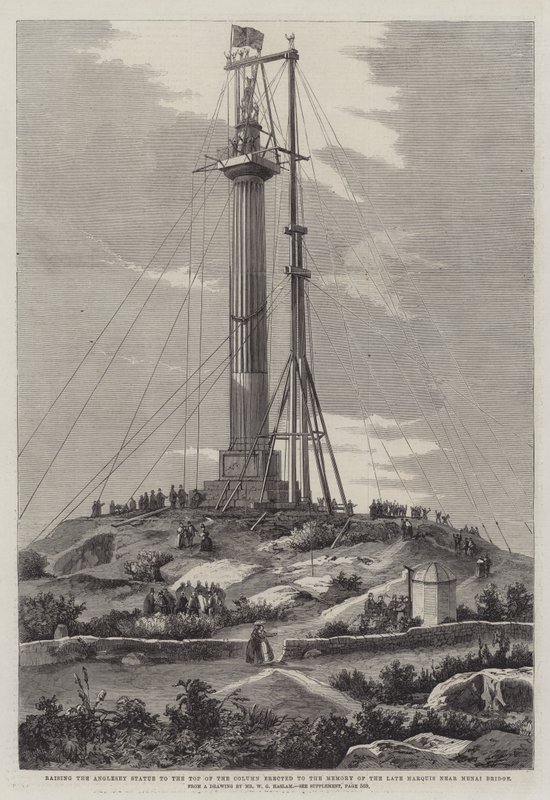 Levantando a estátua de Anglesey para o topo da coluna erigida para a memória do falecido Marquês perto da Ponte Menai de Richard Principal Leitch