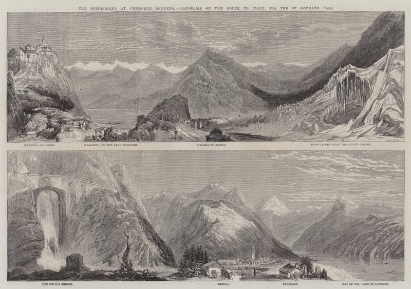O Stereorama em Cremorne Gardens, Panorama da Rota para a Itália, via o St Gothard Pass de Richard Principal Leitch