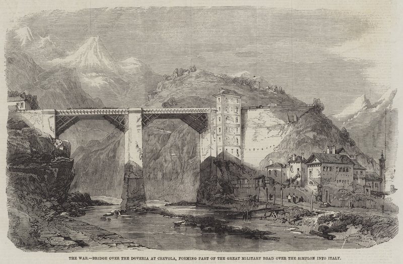 A guerra, ponte sobre o Doveria em Crevola, formando parte da grande estrada militar sobre o Simplon na Itália de Richard Principal Leitch