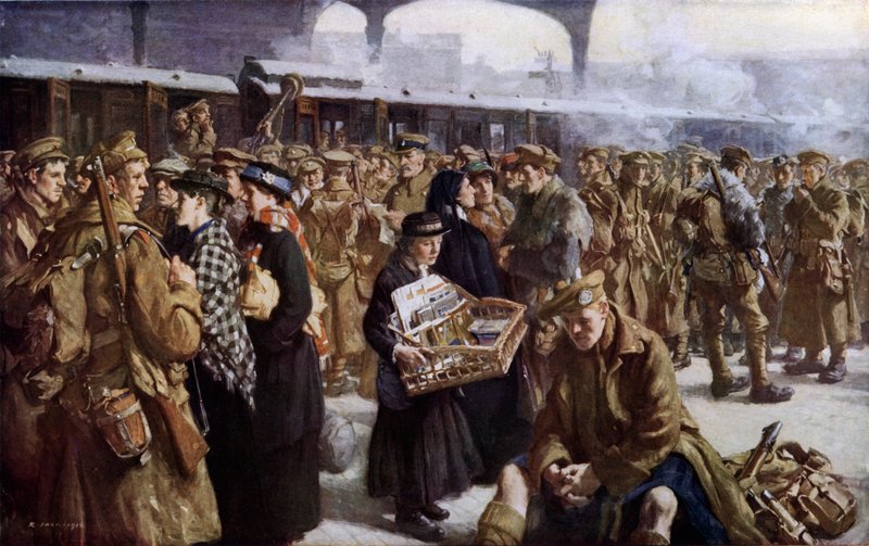 Estação Victoria, 1ª Guerra Mundial, partida para França (cor litho) de Richard (after) Jack