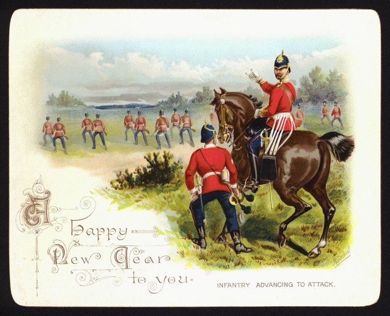 Infantaria avançando para o ataque, cartão de saudação de Ano Novo (chromolitho) de Richard (after) Simkin