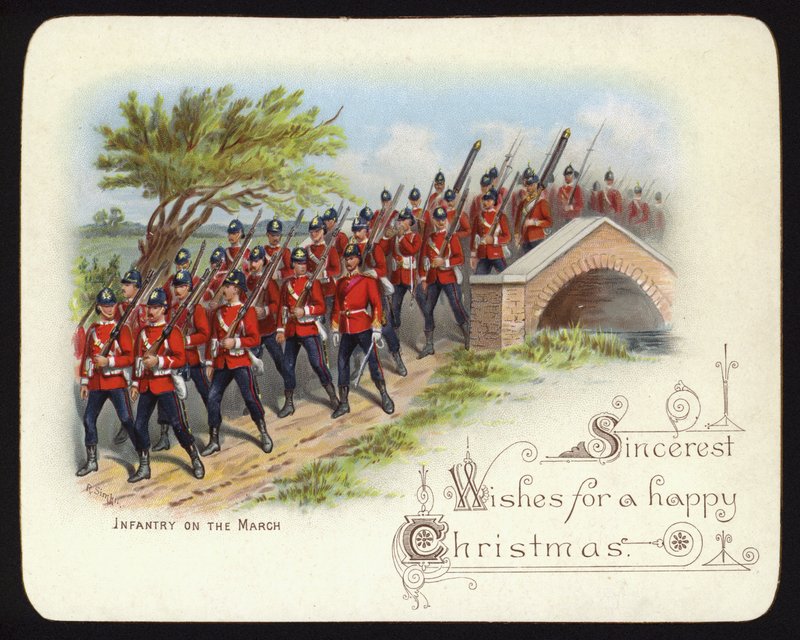 Infantaria em marcha, cartão de boas festas de Natal (chromolitho) de Richard (after) Simkin