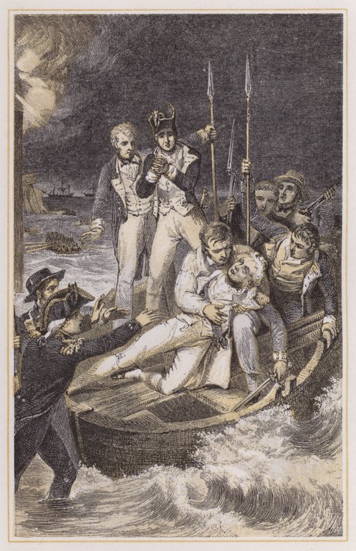 Nelson disparou através do braço (gravação colorida) de Richard (after) Westall