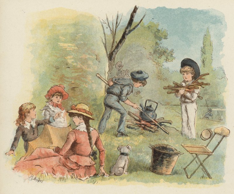 Crianças preparando-se para um piquenique (cor litho) de Richard Andre