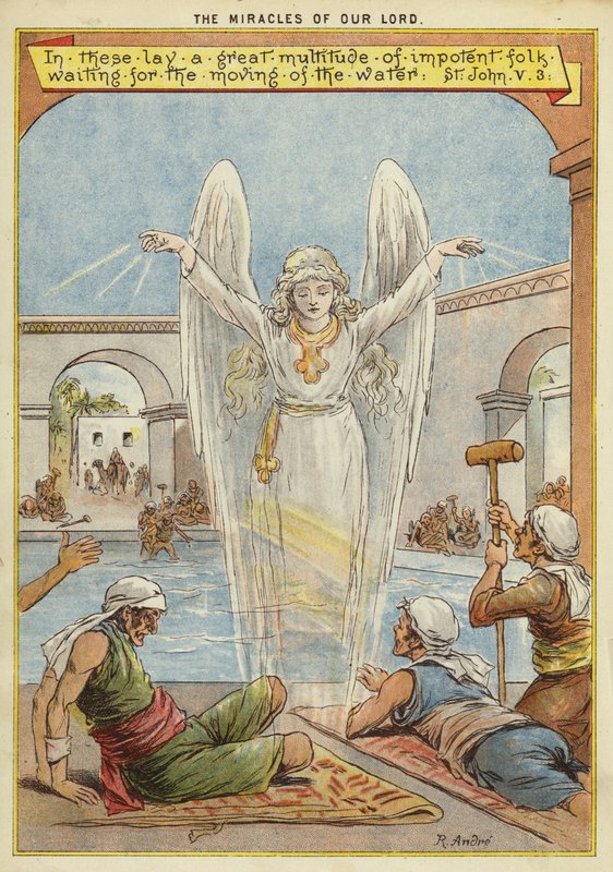 Os Milagres de Cristo: pessoas doentes à espera do movimento da água por um anjo (chromolitho) de Richard Andre