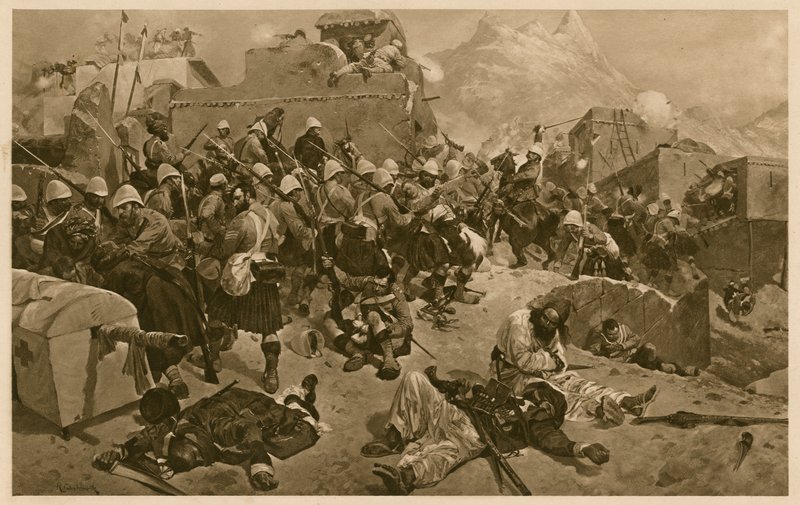 92º Highlanders e 2º Gurkhas invadindo Gundi Mulla Sahibdad durante a Batalha de Kandahar, Afeganistão, Segunda Guerra Anglo-Afghan de Richard Caton II (after) Woodville
