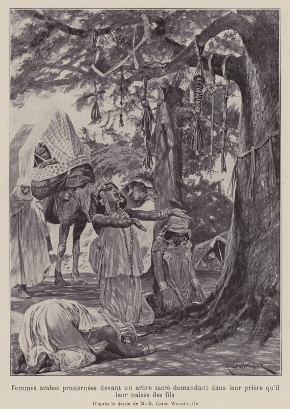 mulheres árabes prostrando-se diante de uma árvore sagrada em oração para que lhes seja concedido filhos (litho) de Richard Caton II (after) Woodville